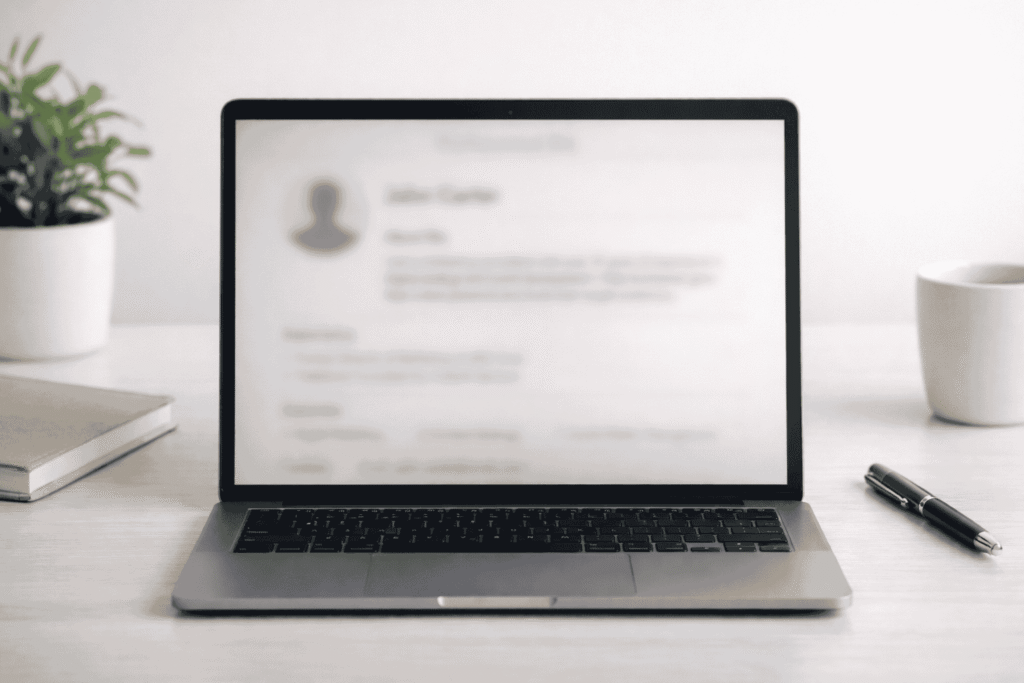 Professional bio displayed on a laptop screen in a modern workspace
